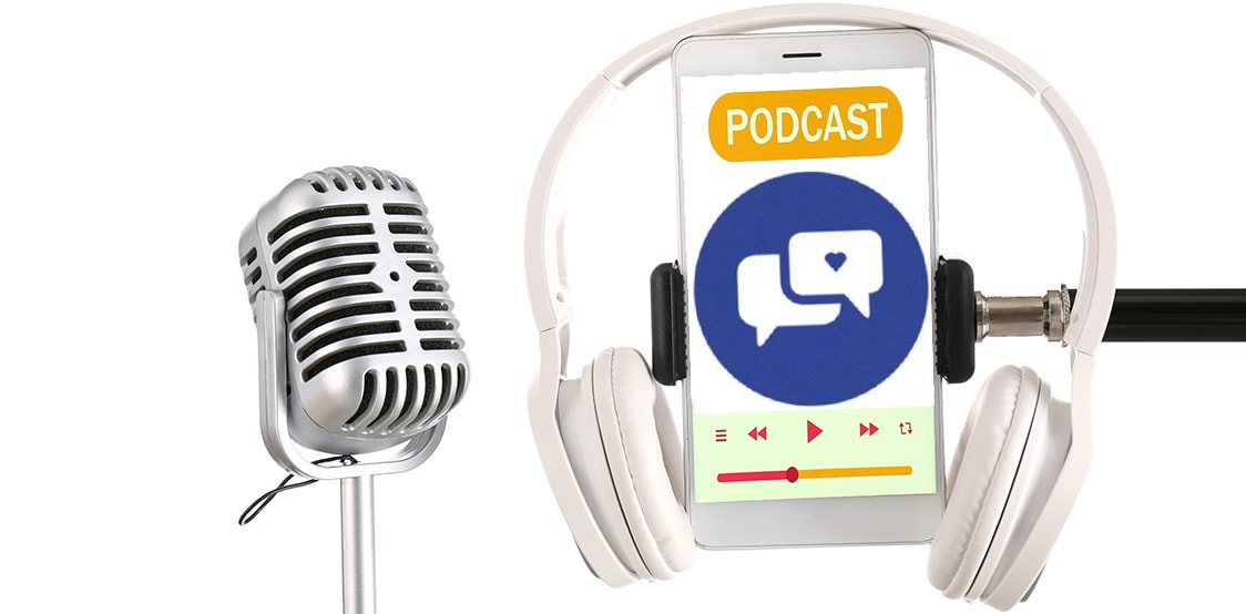 podcast mic and headphones illustration with smart phone showing a podcast on the screen